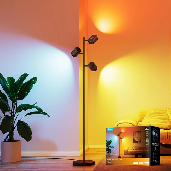 Govee 3 alevli LED zemin lambası, RGBWW odak ayarlı zemin lambası, 1500lm,64+ sahne, müzik senkronizasyonu, oturma odası, yatak odası, okuma odası dekorasyonu için 157cm zemin lambaları siyah ürün görseli 1