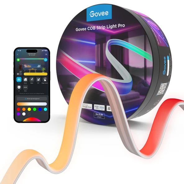 Govee COB Şerit Işığı Pro 3m, Sıcak beyaz özellikli Akıllı LED şerit RGBIC, 3780 LED şerit 1350lm Alexa, yatak odası için müzik senkronizasyonlu kesilebilir peri ışıkları ürün görseli 1