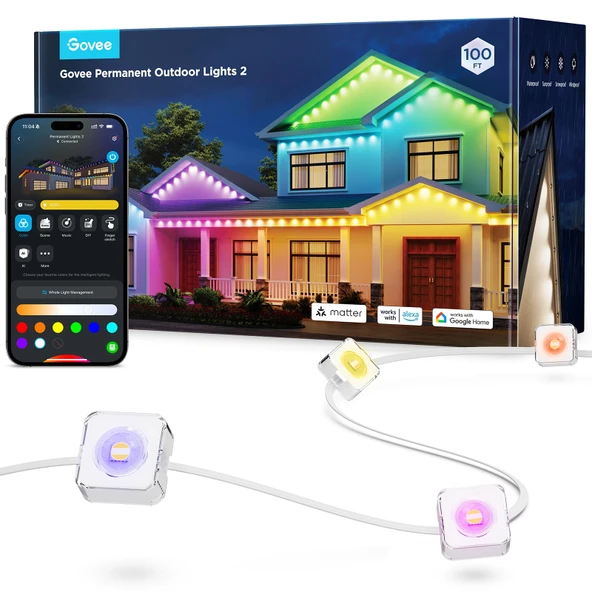 Govee Kalıcı Dış Mekan Işıkları 2, 72 LED ışıklı 30m RGBIC dış mekan ışıkları, 40lm, IP67 su geçirmez dış mekan peri ışıkları, dekor için 100 sahne modu, Alexa ile çalışma beyaz versiyon ürün görseli 1