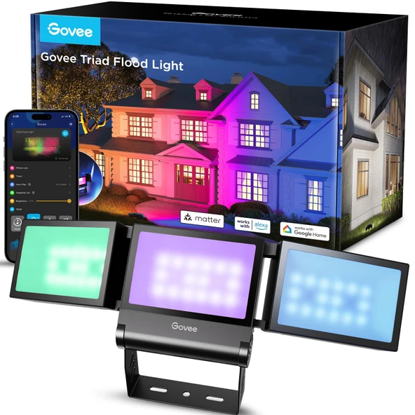 Govee Dış Mekan Triade LED Spot Işığı, 4500LM Sıcak Beyaz ve Soğuk Beyaz ile RGBIC Dış Mekan Projektör, Alüminyum Alaşımlı, IP66 Su Geçirmez, Akıllı Projektör Işıkları ürün görseli 1