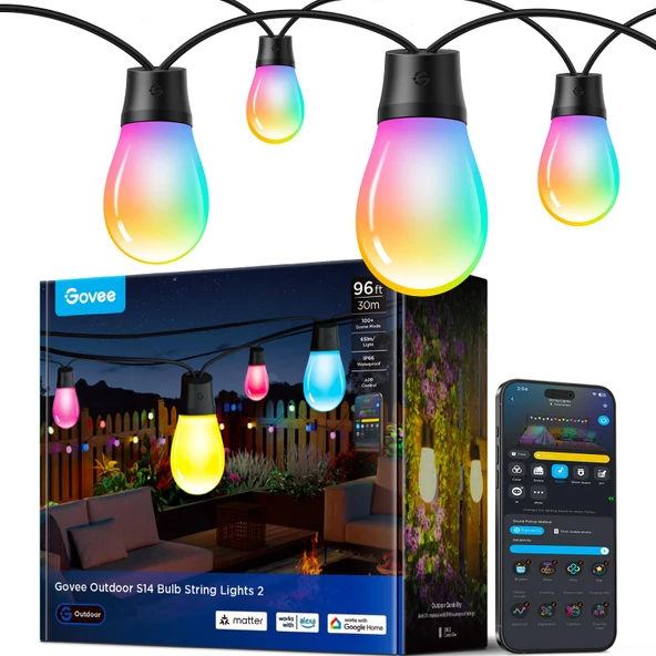 Govee S14 Bulb Açık Yaylı Işıklar 2, 96ft Smart RGBIC Sıcak Beyaz Veranda Işıklar 15 LED Bulble 111 Sahne Modları, Açık Dekorasyon için 111 Sahne Moduları, Yükseltilmiş IP66 Alexa ile uyumlu ürün görseli 1