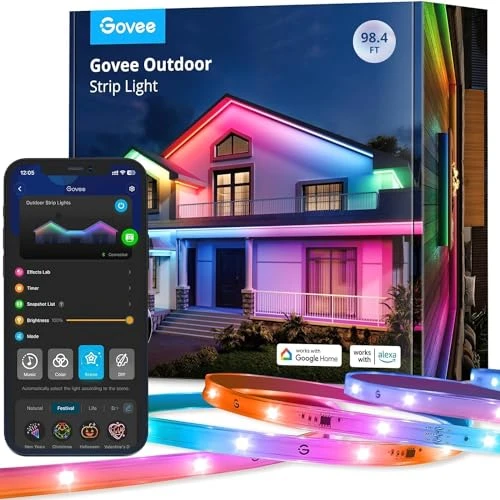 Govee Dış Mekan LED Şerit 30m, IP65 Su Geçirmez, Alexa ile Çalışır, Uygulama Kontrolü, Segment Kontrollü RGBIC LED Şerit, Renk Değiştirme, Müzik Senkronizasyonu, Çatı Balkon Bahçes Dış Mekan için ürün görseli 1