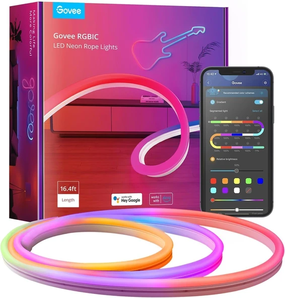 Govee Neon LED Şerit 5 m, uygulama kontrolü, müzik senkronizasyonu, DIY şekil tasarımı ile RGBIC LED şerit,oturma odası ve duvar dekorasyonu için 64 mod kısılabilir LED neon ürün görseli 1