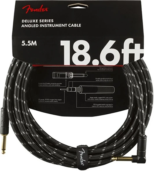 Fender 0990820079 Deluxe Düz/L Uçlu Siyah Tweed Enstrüman Kablosu (5m) | Siyah Şık Görünüm Açılı Uç ile Güvenli Bağlantı ürün görseli 1