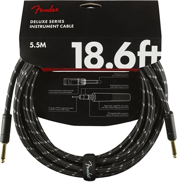 Fender 0990820080 Deluxe Düz/Düz Uçlu Siyah Tweed Enstrüman Kablosu (5m) | 5 Metre Uzun Mesafe Bağlantı ve Düşük Dip Gürültüsü ürün görseli 1