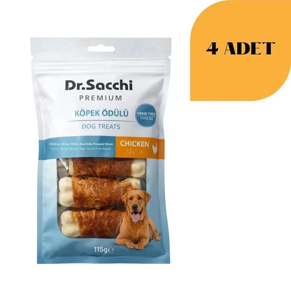 Dr. Sacchi Tavuk Sargılı Sığır Derisi Sütlü Press Kemik Köpek Ödülü 115 g x 4 Adet ürün görseli 1