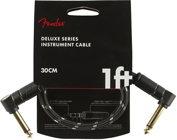 Fender 0990820095 Deluxe L/L Uçlu Siyah Tweed Yama Kablosu (30cm) | Orta Boy Pedal Bağlantıları İçin İki Ucu Açılı Siyah Kablo ürün görseli 1