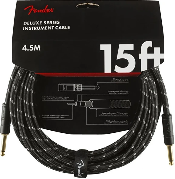 Fender 0990820083 Deluxe Düz/Düz Uçlu Siyah Tweed Enstrüman Kablosu (4m) | 4 Metre İdeal Sahne Uzunluğu Dayanıklı ve Esnek Yapı ürün görseli 1