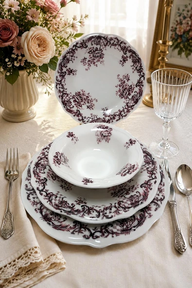 24 Parça 6 Kişilik Mürdüm Floral Desen Porselen Yemek Takımı ürün görseli 1