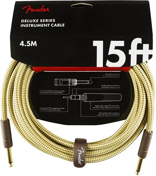 Fender 0990820084 Deluxe Düz/Düz Uçlu Tweed Enstrüman Kablosu (4m) | Klasik Sarı Tweed Desen Kırılmayı Önleyen Güçlendirilmiş Uçlar ürün görseli 1