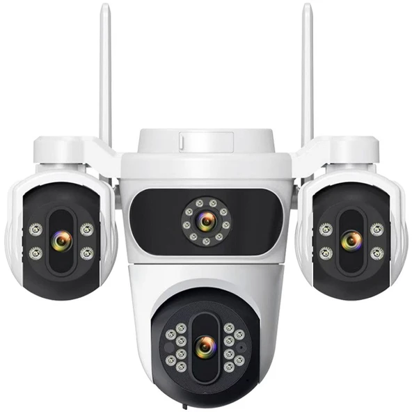 4 Kameralı 4 Lens Wifi Kamera Hi-Easy Türkçe Uygulama IP66 Su Geçirmez Kasa Çakarlı Aydınlatma ürün görseli 1