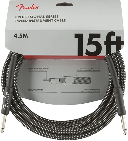 Fender 0990820065 Professional Enstrüman Kablosu (4.5m - Gri Tweed) | Gri Tweed Desen Kırılmayı Önleyen Uçlar ve Oksijensiz Bakır ürün görseli 1