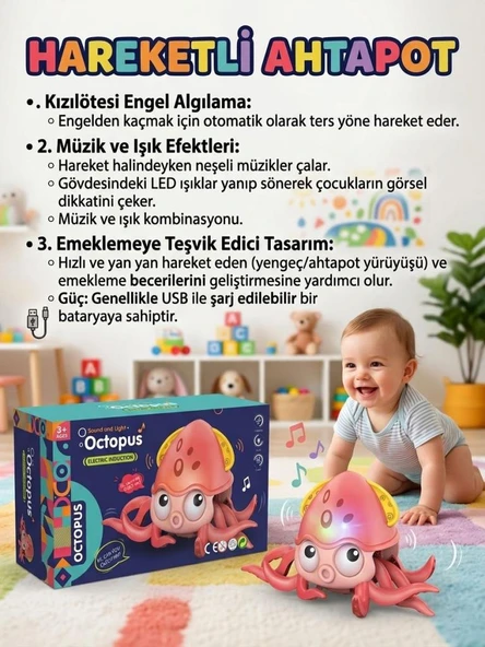 Hareketli Müzikli Işıklı Engelden Kaçan Sensörlü Eğitici Emekleme Arkadaşı Oyuncak Ahtapot ürün görseli 1