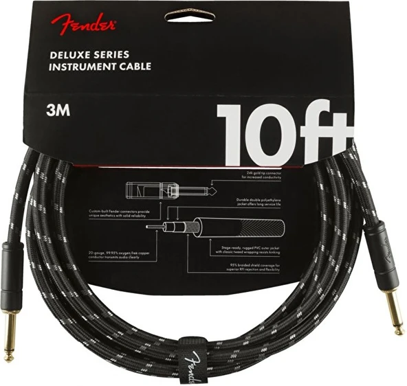 Fender 0990820092 Deluxe Düz/Düz Uçlu Siyah Tweed Enstrüman Kablosu (3m) | 3 Metre Uzunluk Siyah Örgü Kumaş ve Altın Kaplama Uçlar ürün görseli 1