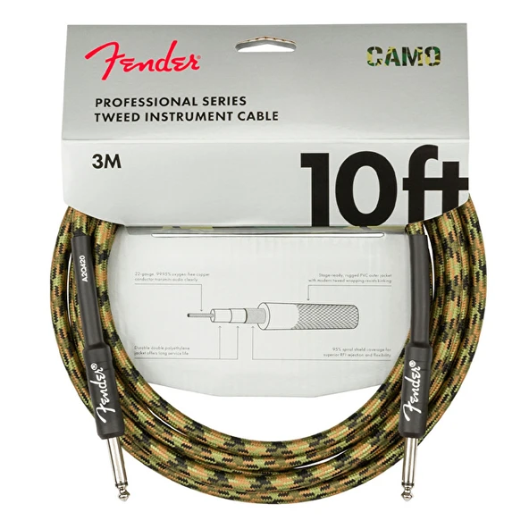 Fender 0990810176 Professional Enstrüman Kablosu (3m - Woodland Camo) | Orman Kamuflaj Deseni Düz Uçlu ve Spiral Korumalı Dayanıklı Yapı ürün görseli 1