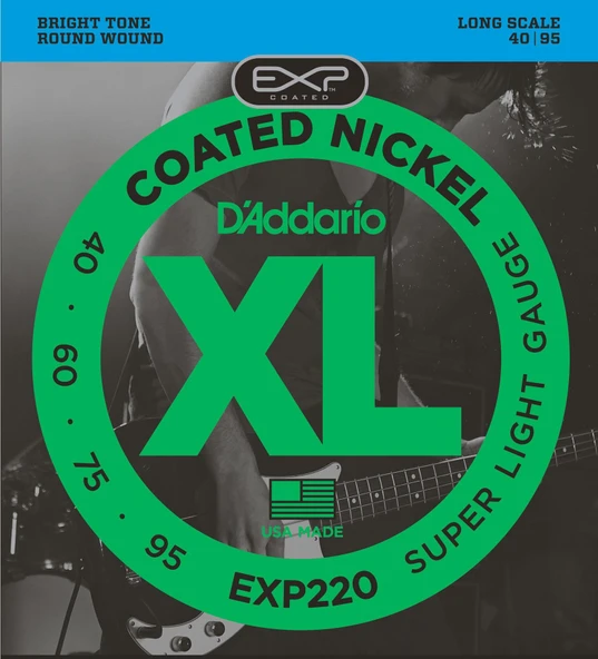 D'Addario EXP220 Coated Nickel Wound Bas Gitar Tel Seti - 40-95 Super Light (Profesyonel) | Uzun Ömürlü Kaplama Teknolojisi, Korozyon Direnci, İnce Ölçü ve Kristal Netliğinde Nikel Tonu ürün görseli 1