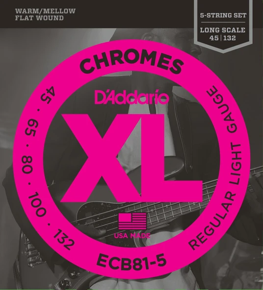 D'Addario ECB81-5 XL Chromes Flatwound Serisi Bas Gitar Tel Seti (Regular Light) ürün görseli 1