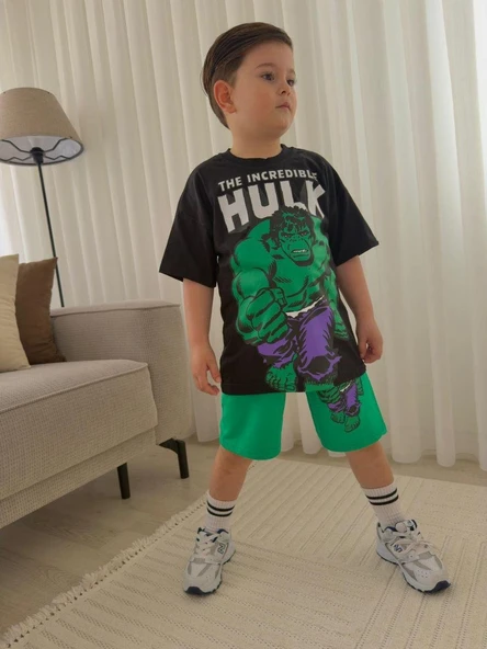 Cg Kids Hulk Baskılı Erkek Çocuk Tshirt&Şort Alt Üst Takım Süper Kalite Sırt Baskı Detay ürün görseli 1