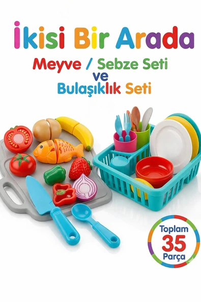 Dede Çocuklar İçin Bulaşıklık Oyuncak Seti + Kesilebilen Meyve Sebze Evcilik Seti 35 Parça Bulaşık Seti ürün görseli 1