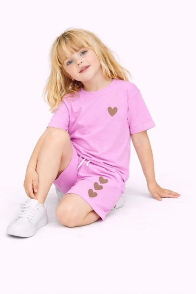 Cg Kids Kalp Baskılı Kız Çocuk Tshirt&Şort Alt Üst Takım Sırt Baskı Kabartma Detay ürün görseli 1