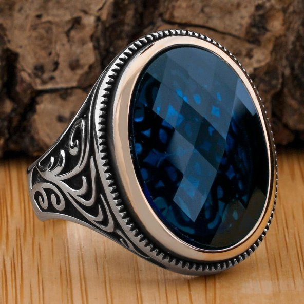 Mavi Oval Zirkon Taşlı 925 Ayar Gümüş Erkek Yüzük ürün görseli 1
