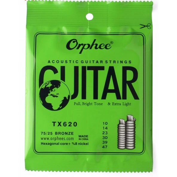 Orphee Tx620 Akustik Gitar Teli Seti (aksesuar - Phosphor Bronze) | %75 Bakır Ve %25 Kalay Karışımı, Parlak Ve Zengin Harmonikler, Korozyona Dayanıklı Kaplama | Ölçüler: 010-047 Extra Light ürün görseli 1