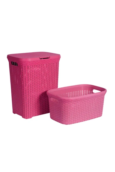2'li Set Hasır Desenli Plastik Pembe Çamaşır Sepeti & Pembe Çamaşır Selesi ürün görseli 1