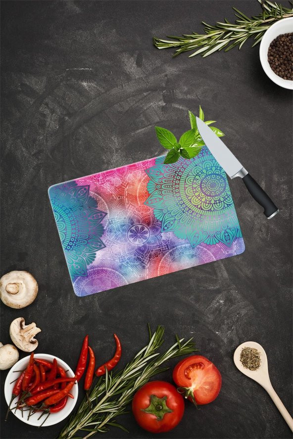 Mavi Kırmızı Mandala Desenli Cam Kesme Tahtası| 20 Cm X 30 Cm ürün görseli 1