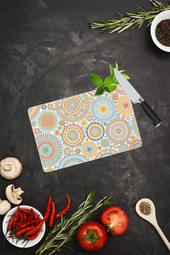 Açık Yuvarlak Mandala Desenli Cam Kesme Tahtası| 20 Cm X 30 Cm ürün görseli 1