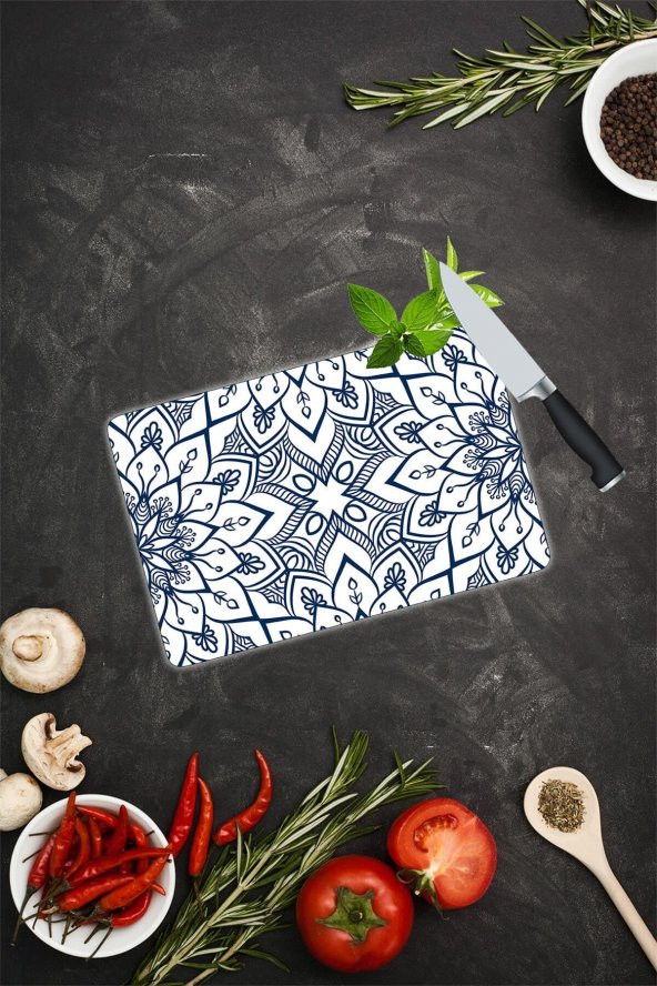 Lacivert Mandala Desenli Cam Kesme Tahtası| 20 Cm X 30 Cm ürün görseli 1