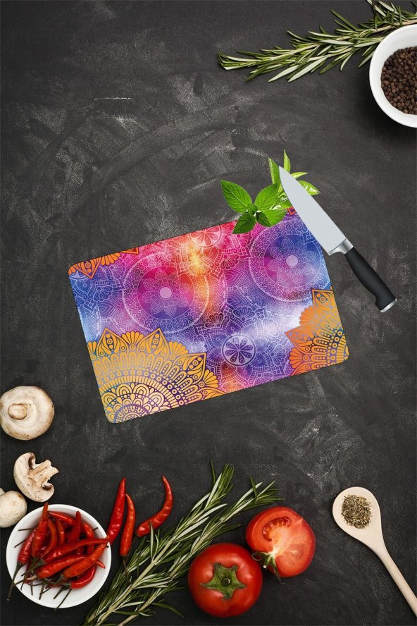 Mavi Turuncu Mandala Desenli Cam Kesme Tahtası| 20 Cm X 30 Cm ürün görseli 1