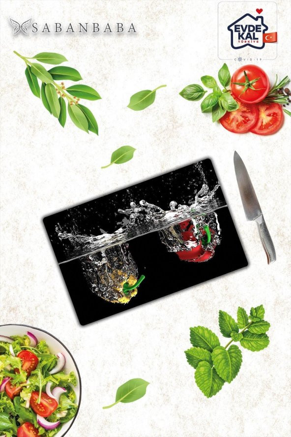 Biber ve Su Cam Kesme Tahtası - Cam Kesme Tablası  | 20 cm x 30 cm ürün görseli 1