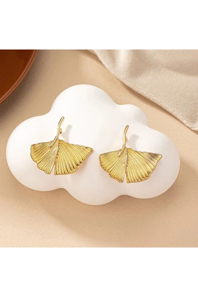 Gold Ginkgo Yaprağı Küpe - Resim 3