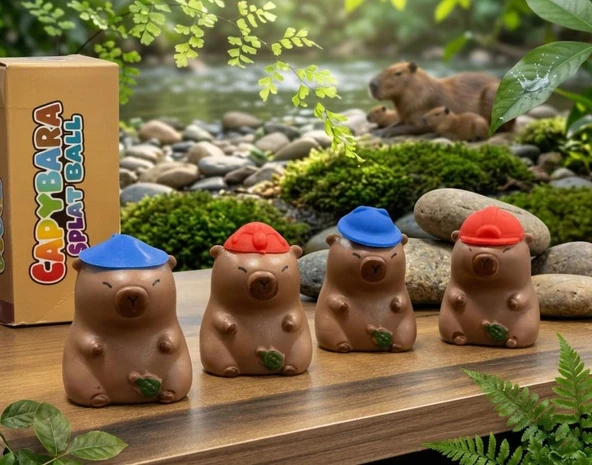 6cm Küçük 4'lü Kırmızı ve Mavi Şapkalı Kapibara Mini Dekoratif Oyuncak Hayvan Figürü ürün görseli 1
