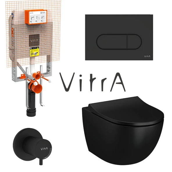 Vitra S60 SmootFlush Mat Siyah Asma Klozet 7510B083-0090, Vitra Mat Siyah Gömme Rezervuar Set 768-1851 ürün görseli 1
