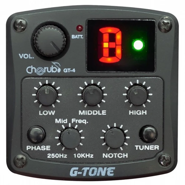 Cherub GT-4 Akustik Gitar Preamfi ve Tuner (Profesyonel - Dahili Gitar Elektroniği) | 3-Band EQ (Bass/Middle/Treble), Presence Kontrolü, LCD Ekranlı Kromatik Tuner, Faz Switch | Ölçüler: Standart Mont ürün görseli 1