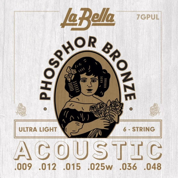 La Bella 7GPUL Akustik Gitar Teli Seti (Başlangıç/Orta - 09-48 Ultra Light) | Ultra Light Düşük Gerilim, Kolay Basım ve Yumuşak Çalım Hissi, İnce Ölçü | Ölçüler: 0.009 - 0.048 İnç Takım ürün görseli 1