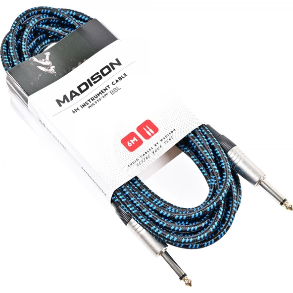 Madison MIC030-6M-BBL Örgülü Gitar Kablosu (6m Siyah-Mavi) | Uzun Ömürlü Bez Kablo ürün görseli 1
