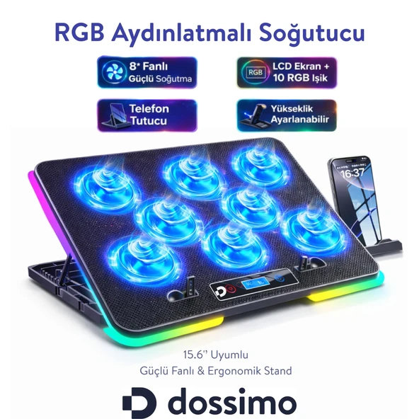 Dossimo Nitro Rgb Işıklı 8 Fanlı LCD Göstergeli 2 USB Girişli Yükselebilen Notebook Soğutucu S23 ürün görseli 1