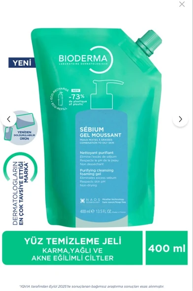 Bioderma Sebium Foaming Gel Refill Yağlı ve Akne Eğilimli Ciltler, Temizleme Jeli Yeniden Dolum Paketi 400ml ürün görseli 1