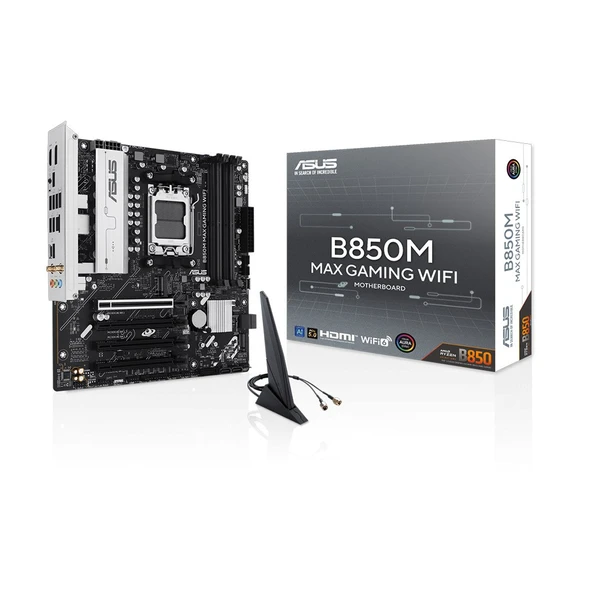 ASUS B850M MAX GAMING WIFI AMD B850 Soket AM5 8000+MT/s (OC) Wi-Fi 6 m-ATX Anakart ürün görseli 1