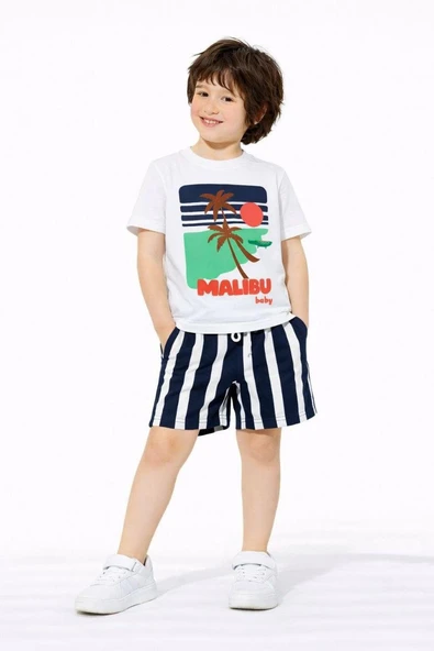 Cg Kids Malibu Kabartma Baskılı Tshirt Çizgili Lacivert Şort ile Süper Kalite ürün görseli 1