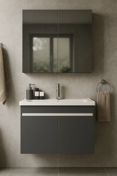 Dmz Home Arista 80 Cm Antrasit Renkli, Tamamı Mdf, Seramik Lavabolu, Alt Ve Üst Dolaplı, Banyo Dolabı Takımı ürün görseli 1