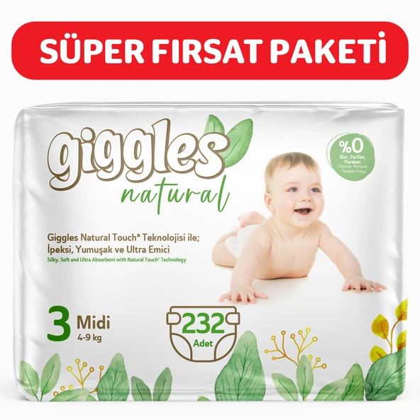 Giggles Natural 3 Numara Midi Pamuklu Bebek bezi 232 Adet ürün görseli 1