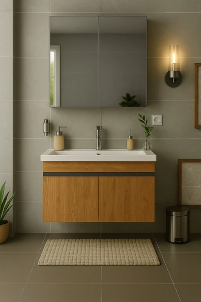 Dmz Home Arista 80 cm Ahşap renkli, Tamamı MDF, Seramik Lavabolu, Alt ve Üst Dolaplı, Aynalı, Banyo Dolabı Takımı ürün görseli 1