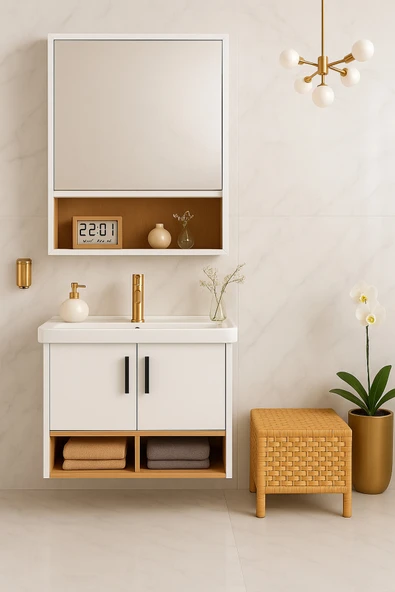 Dmz Home Legna 65 cm Banyo Dolabı Takımı, Beyaz ve Ahşap, Tamamı MDF, Seramik Lavabolu, Alt ve Üst Dolap ürün görseli 1