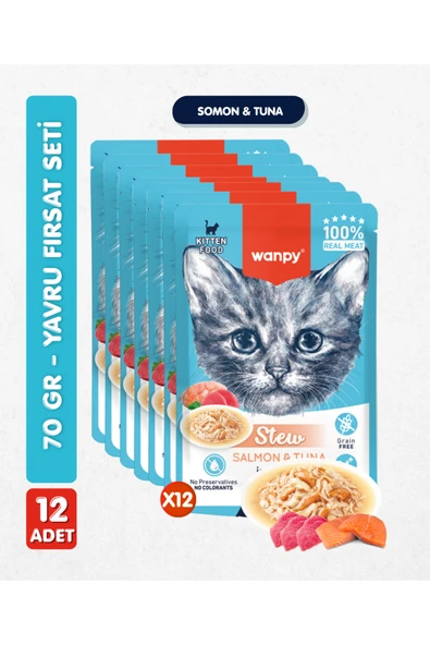 12li Yavru Kedi Yaş Maması Somon & Ton Balıklı Premium Kalite 12 x 70 gr ürün görseli 1
