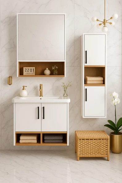 Dmz Home Legna 65 cm Beyaz-Ahşap Renkli Mdf, Seramik Lavabolu Alt - Üst ve Boy Dolaplı Banyo Dolabı Seti ürün görseli 1