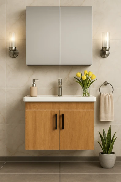 Dmz Home Liventa 65 Cm, Ahşap Renkli, Tamamı MDF, Seramik Lavabolu, Aynalı,  Alt ve Üst Dolaplı, Banyo Dolabı Takımı ürün görseli 1