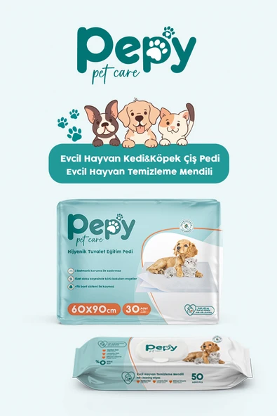PEPY Çiş Pedi Yatak Koruyucu 60x90cm 2 paket 60 Adet + Evcil Hayvan Temizleme Mendili 2 paket 100 Adet ürün görseli 1